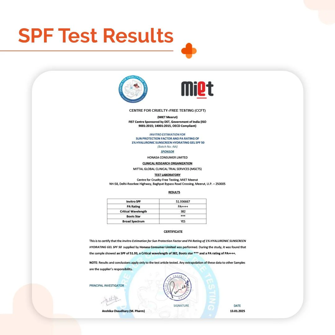 1% Hyaluronic Sunscreen Hydrating Gel In Vivo Tested (ISO 24444:2019 Certified, CTRI/2025/01/079445) with SPF 50 PA++++ - 50 g (Pack of 2) - Image 4