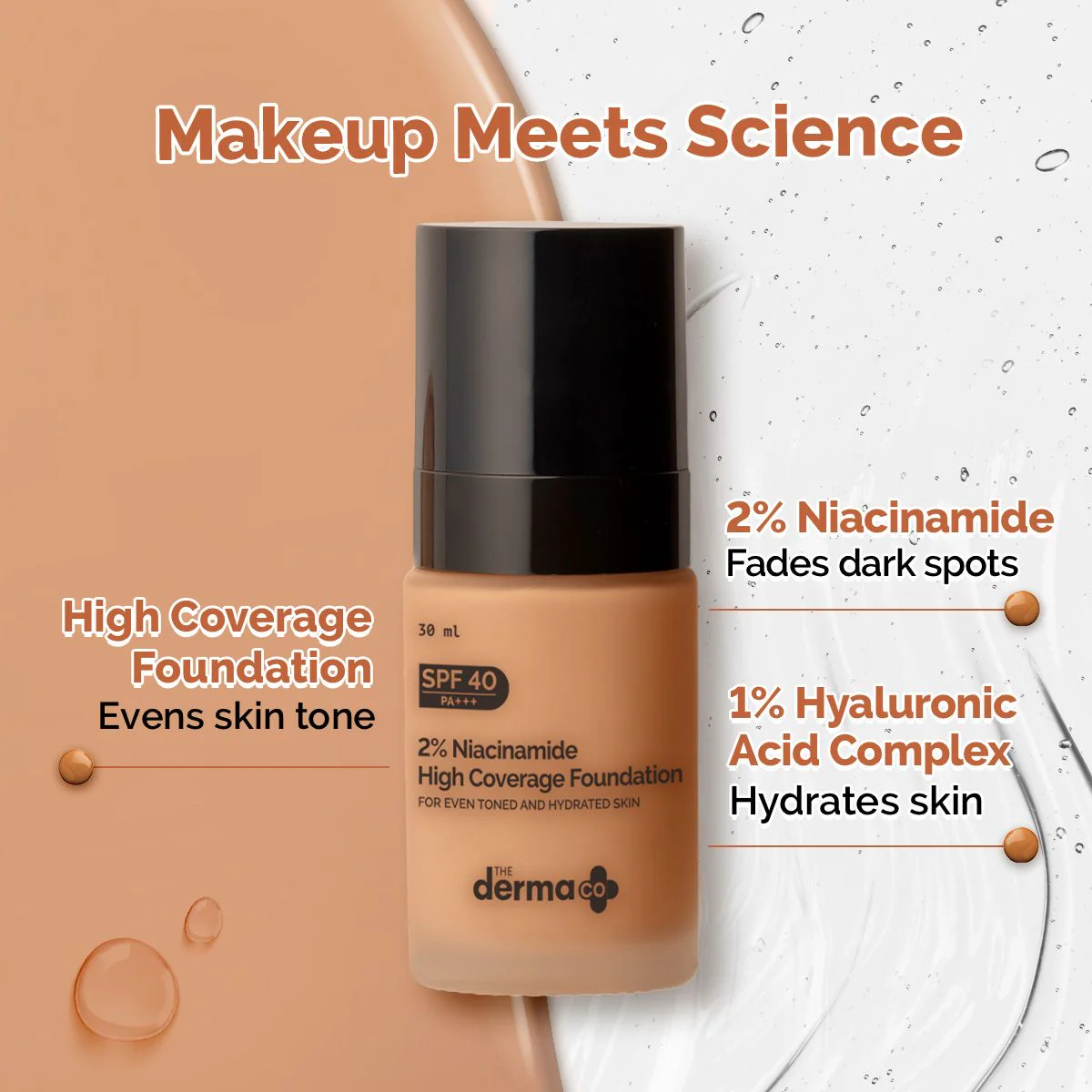 2% Niacinamide High Coverage Foundation With 1% Hyaluronic Acid Complex & SPF 40 PA+++ for 12 Hour Long Stay & 12 Hour Oil Control | 06 Beige - Image 3