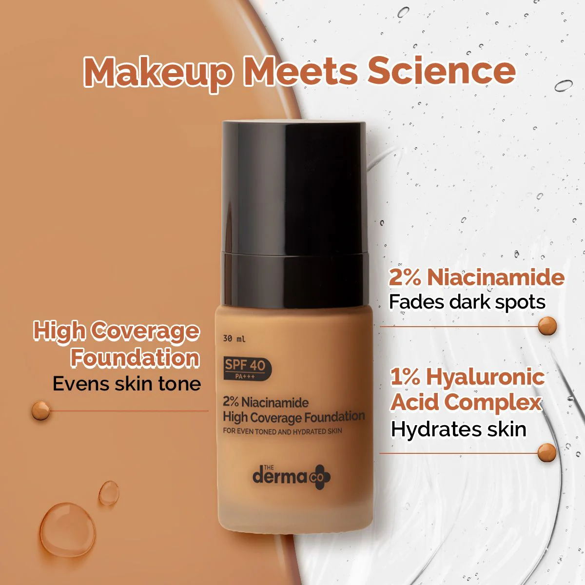 2% Niacinamide High Coverage Foundation With 1% Hyaluronic Acid Complex & SPF 40 PA+++ for 12 Hour Long Stay & 12 Hour Oil Control | 04 Caramel - Image 3