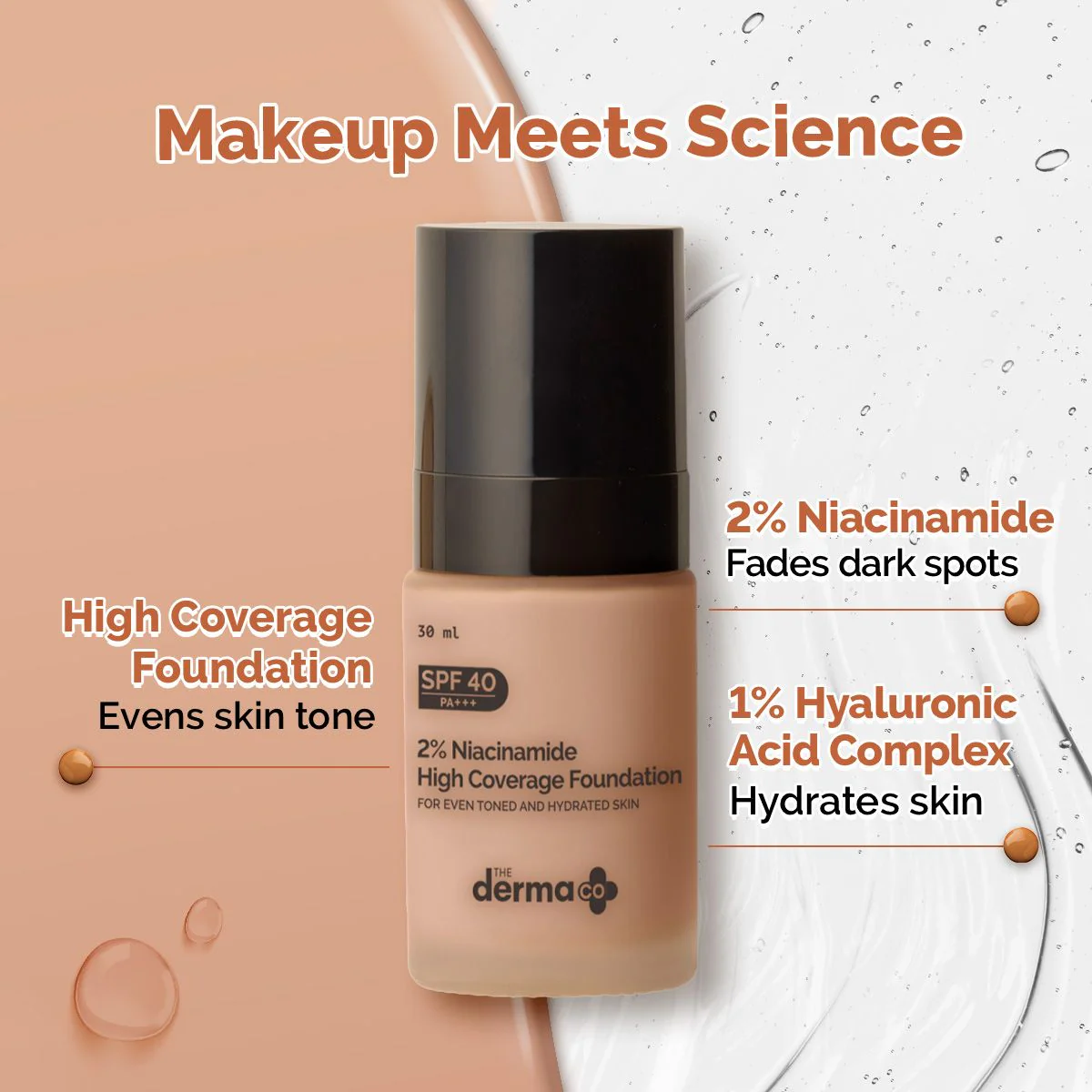 2% Niacinamide High Coverage Foundation With 1% Hyaluronic Acid Complex & SPF 40 PA+++ for 12 Hour Long Stay & 12 Hour Oil Control | 01 Ivory - Image 3